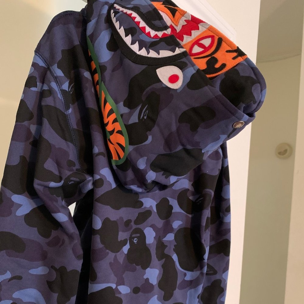 Bape BLUE Camo Tiger Shark Wide Full Zip Double Hood Hoodie LARGE Bathing Ape - Picture 2 of 16
